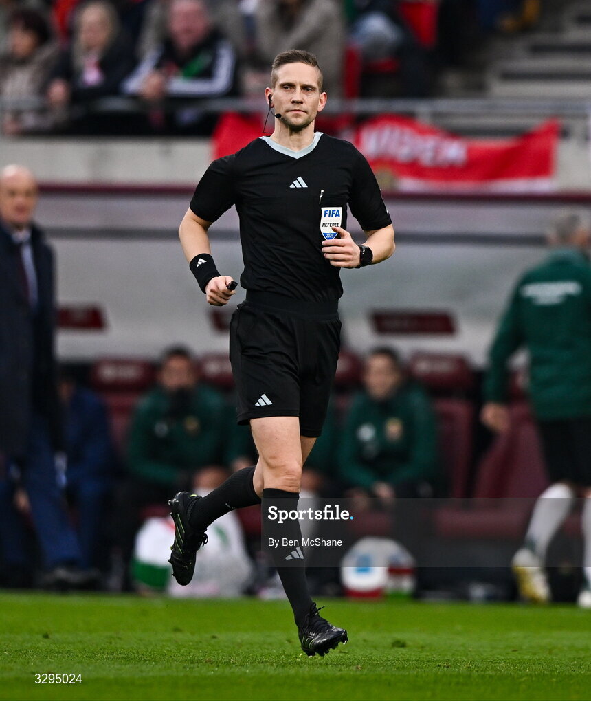 16 November 2025; Referee Espen Eskas during the FIFA World Cup 2026 Group F Qualifier match between Hungary and Republic of Ireland at Puskás Aréna in Budapest, Hungary. Photo by Ben McShane/Sportsfile