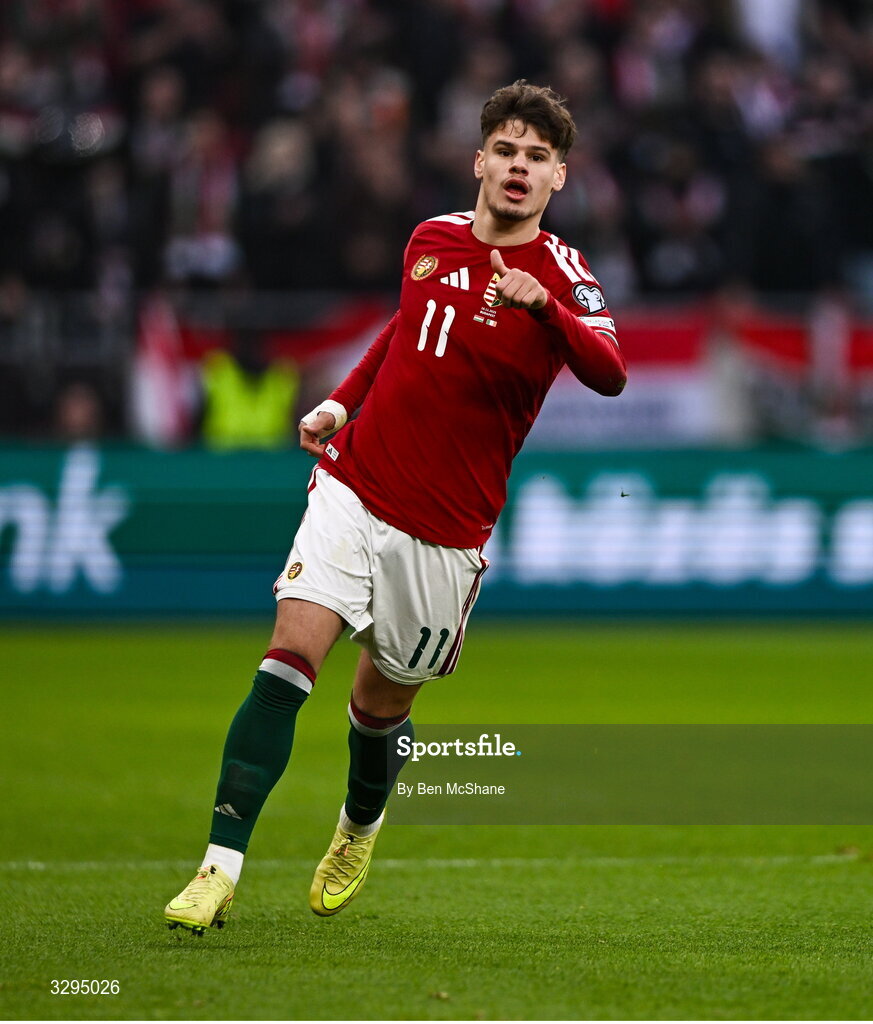 16 November 2025; Milos Kerkez of Hungary during the FIFA World Cup 2026 Group F Qualifier match between Hungary and Republic of Ireland at Puskás Aréna in Budapest, Hungary. Photo by Ben McShane/Sportsfile
