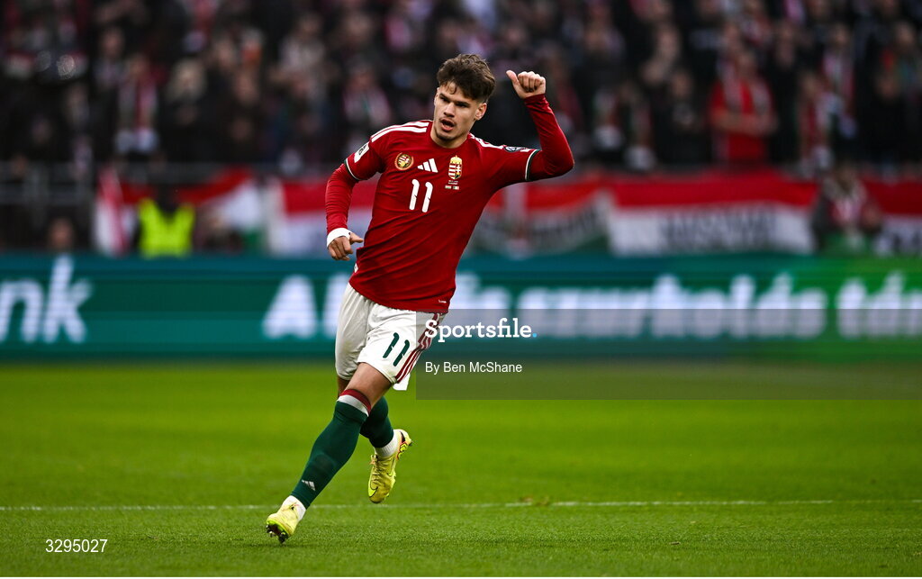 16 November 2025; Milos Kerkez of Hungary during the FIFA World Cup 2026 Group F Qualifier match between Hungary and Republic of Ireland at Puskás Aréna in Budapest, Hungary. Photo by Ben McShane/Sportsfile