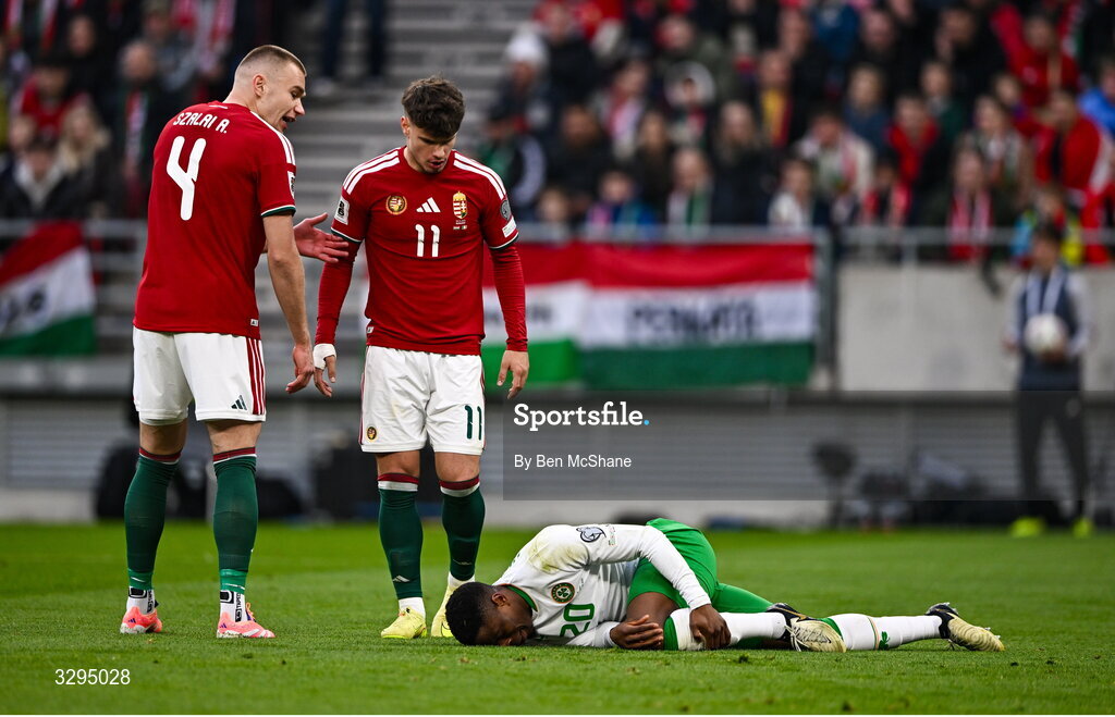 16 November 2025; Chiedozie Ogbene of Republic of Ireland is viewed by Attila Szalai, left, and Milos Kerkez of Hungary during the FIFA World Cup 2026 Group F Qualifier match between Hungary and Republic of Ireland at Puskás Aréna in Budapest, Hungary. Photo by Ben McShane/Sportsfile