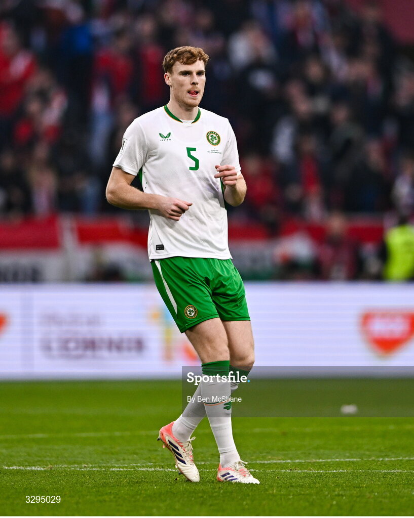 16 November 2025; Jake O'Brien of Republic of Ireland during the FIFA World Cup 2026 Group F Qualifier match between Hungary and Republic of Ireland at Puskás Aréna in Budapest, Hungary. Photo by Ben McShane/Sportsfile