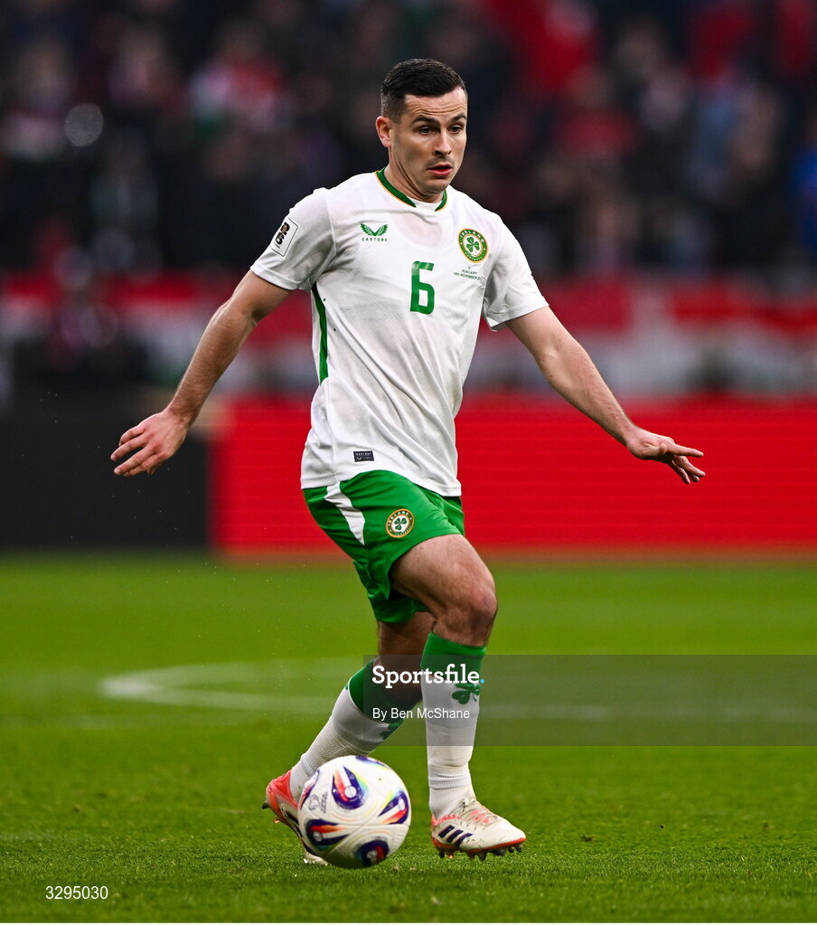 16 November 2025; Josh Cullen of Republic of Ireland during the FIFA World Cup 2026 Group F Qualifier match between Hungary and Republic of Ireland at Puskás Aréna in Budapest, Hungary. Photo by Ben McShane/Sportsfile