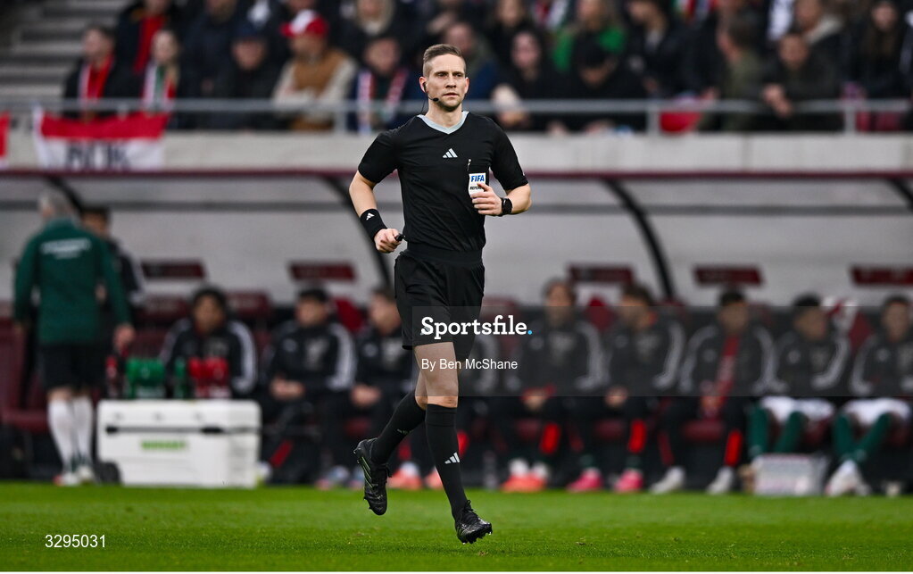 16 November 2025; Referee Espen Eskas during the FIFA World Cup 2026 Group F Qualifier match between Hungary and Republic of Ireland at Puskás Aréna in Budapest, Hungary. Photo by Ben McShane/Sportsfile