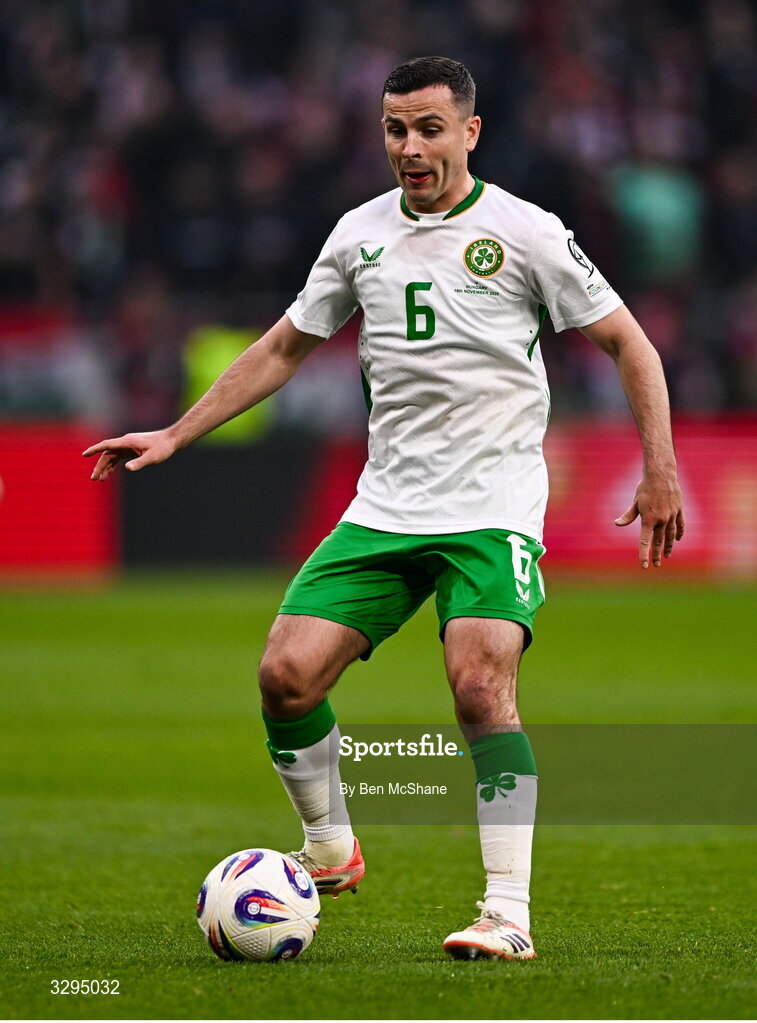 16 November 2025; Josh Cullen of Republic of Ireland during the FIFA World Cup 2026 Group F Qualifier match between Hungary and Republic of Ireland at Puskás Aréna in Budapest, Hungary. Photo by Ben McShane/Sportsfile