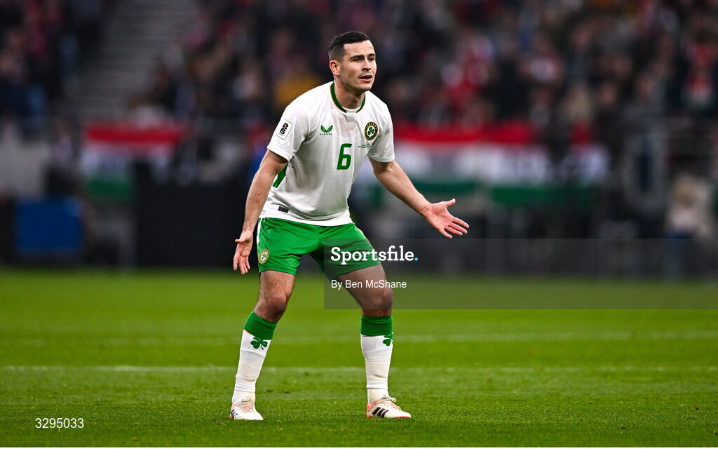 16 November 2025; Josh Cullen of Republic of Ireland during the FIFA World Cup 2026 Group F Qualifier match between Hungary and Republic of Ireland at Puskás Aréna in Budapest, Hungary. Photo by Ben McShane/Sportsfile