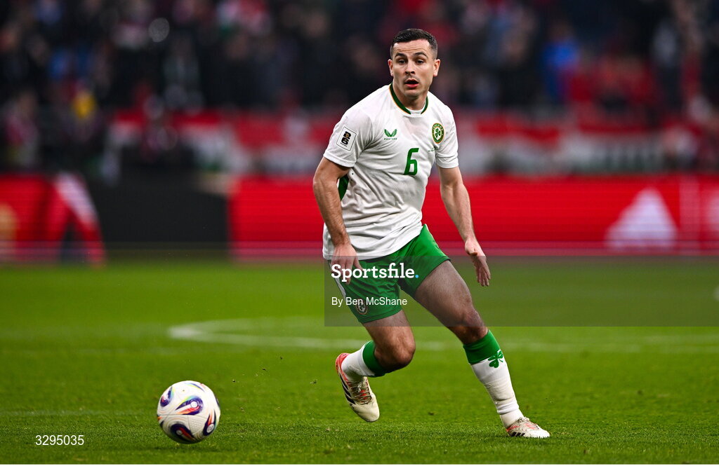 16 November 2025; Josh Cullen of Republic of Ireland during the FIFA World Cup 2026 Group F Qualifier match between Hungary and Republic of Ireland at Puskás Aréna in Budapest, Hungary. Photo by Ben McShane/Sportsfile
