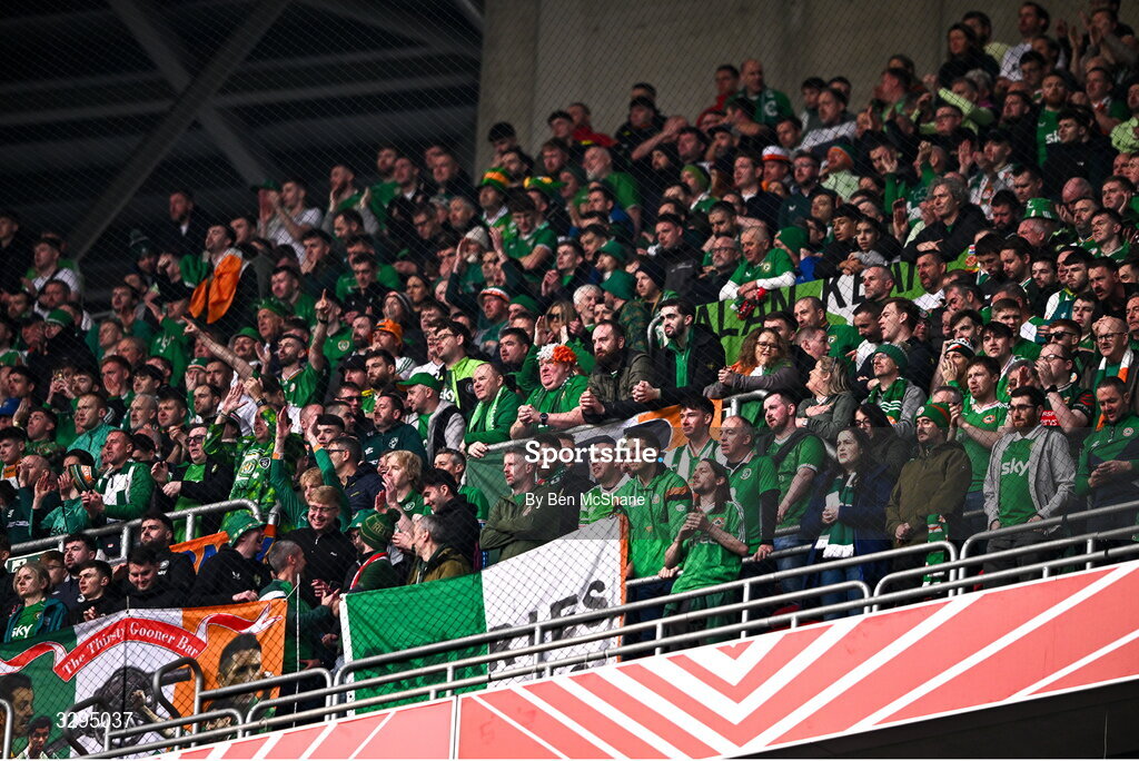 16 November 2025; Republic of Ireland supporters during the FIFA World Cup 2026 Group F Qualifier match between Hungary and Republic of Ireland at Puskás Aréna in Budapest, Hungary. Photo by Ben McShane/Sportsfile