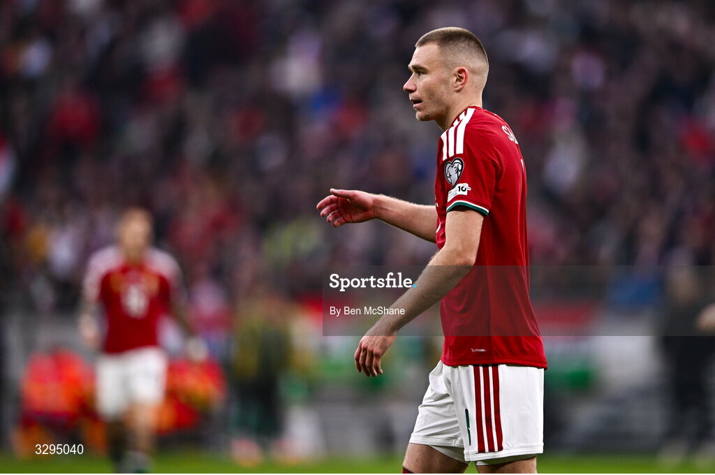 16 November 2025; Attila Szalai of Hungary during the FIFA World Cup 2026 Group F Qualifier match between Hungary and Republic of Ireland at Puskás Aréna in Budapest, Hungary. Photo by Ben McShane/Sportsfile
