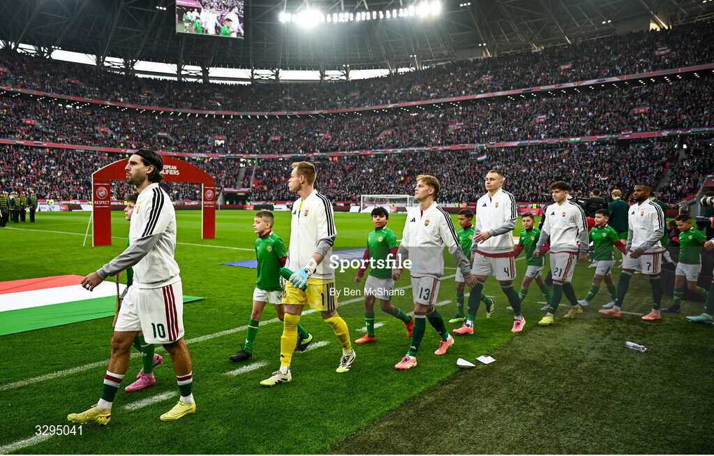 16 November 2025; Hungary captain Dominik Szoboszlai leads his side out before during the FIFA World Cup 2026 Group F Qualifier match between Hungary and Republic of Ireland at Puskás Aréna in Budapest, Hungary. Photo by Ben McShane/Sportsfile