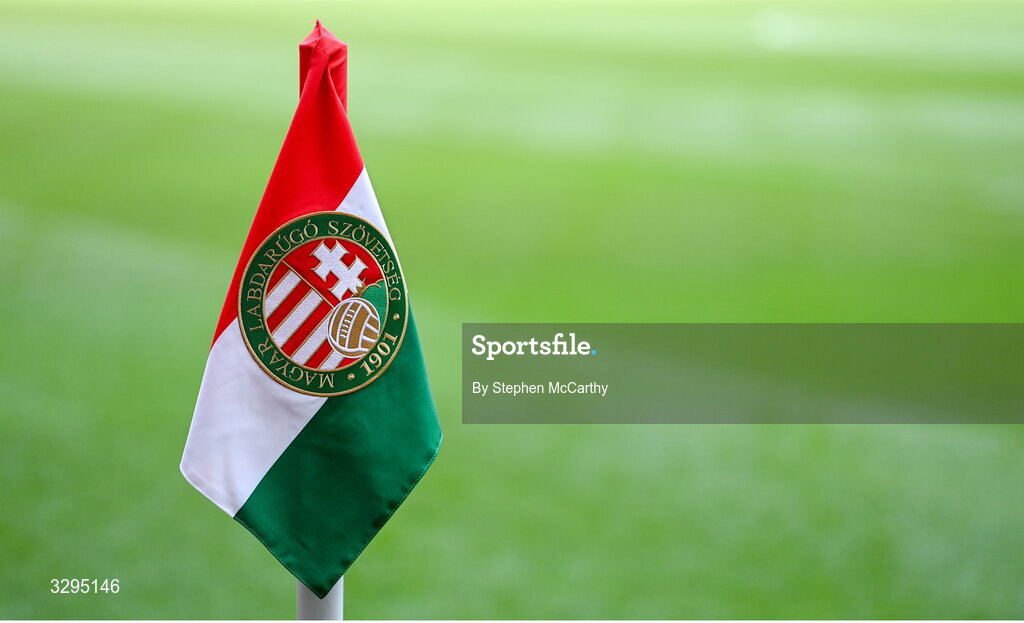 16 November 2025; A detailed view of a corner flag featuring the Hungarian FA crest before the FIFA World Cup 2026 Group F Qualifier match between Hungary and Republic of Ireland at Puskás Aréna in Budapest, Hungary. Photo by Stephen McCarthy/Sportsfile
