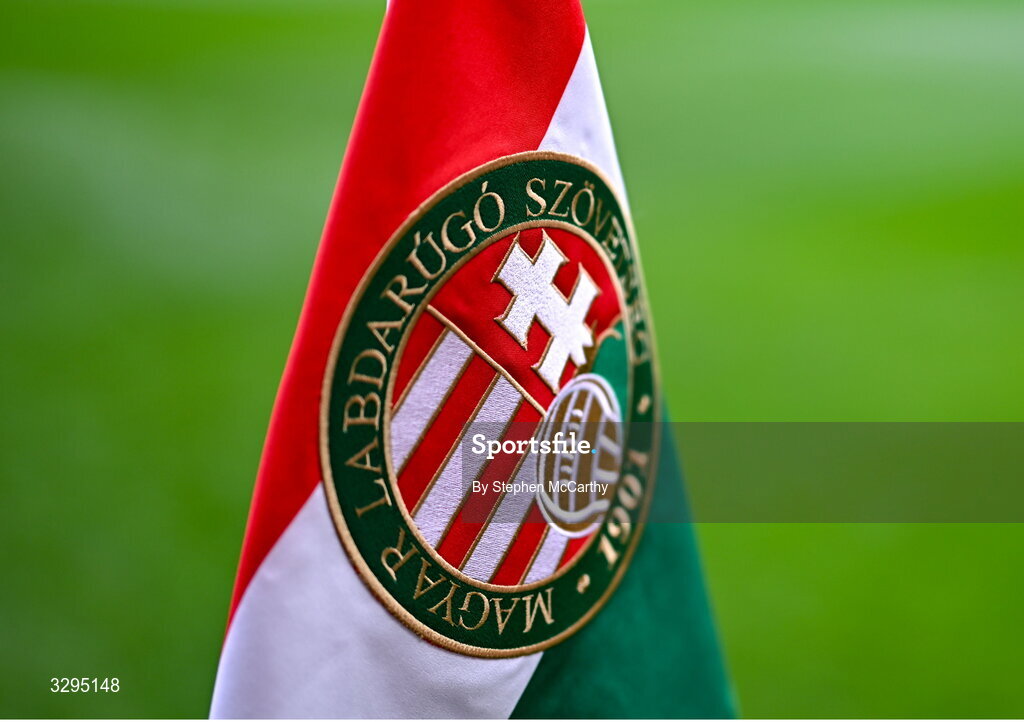 16 November 2025; A detailed view of a corner flag featuring the Hungarian FA crest before the FIFA World Cup 2026 Group F Qualifier match between Hungary and Republic of Ireland at Puskás Aréna in Budapest, Hungary. Photo by Stephen McCarthy/Sportsfile