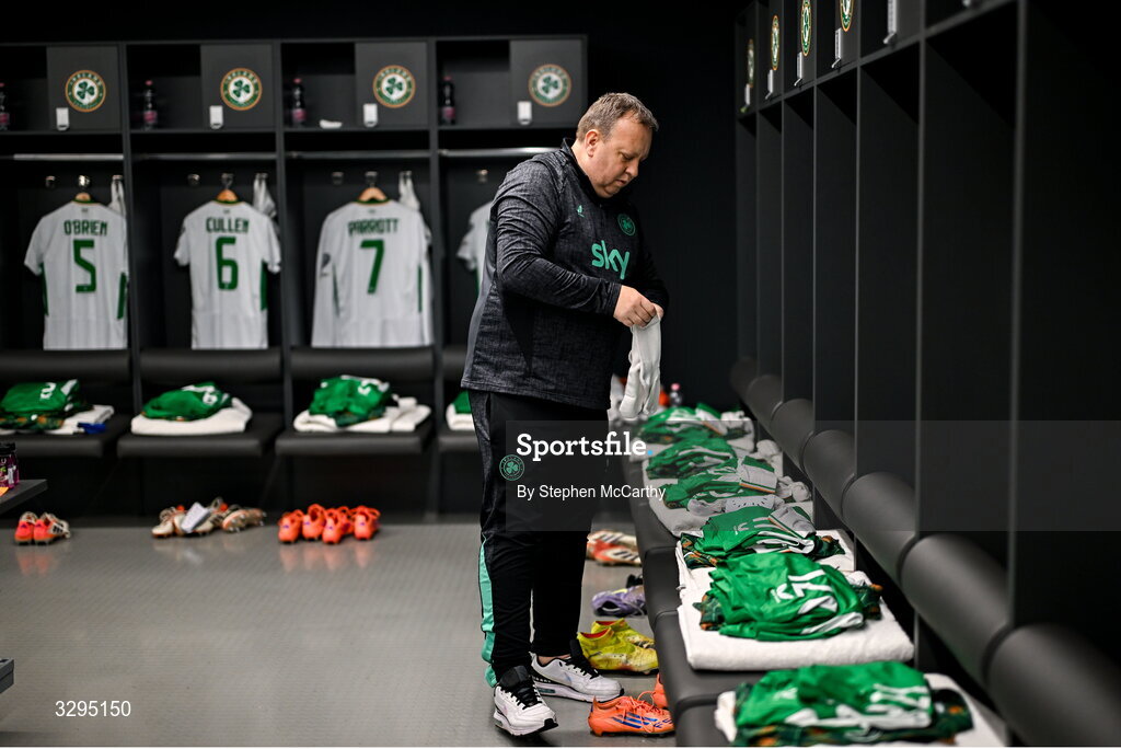16 November 2025; Republic of Ireland kit and equipment manager Malcolm Slattery prepares the dressing room before the FIFA World Cup 2026 Group F Qualifier match between Hungary and Republic of Ireland at Puskás Aréna in Budapest, Hungary. Photo by Stephen McCarthy/Sportsfile