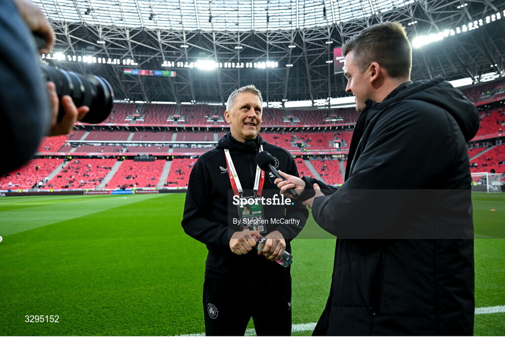 16 November 2025; Republic of Ireland head coach Heimir Hallgrimsson and communications manager Kieran Crowley before the FIFA World Cup 2026 Group F Qualifier match between Hungary and Republic of Ireland at Puskás Aréna in Budapest, Hungary. Photo by Stephen McCarthy/Sportsfile