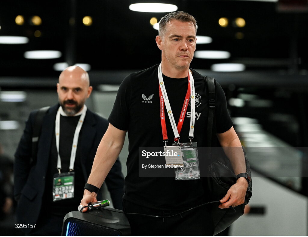 16 November 2025; Republic of Ireland head of athletic performance Damien Doyle arrives for the FIFA World Cup 2026 Group F Qualifier match between Hungary and Republic of Ireland at Puskás Aréna in Budapest, Hungary. Photo by Stephen McCarthy/Sportsfile