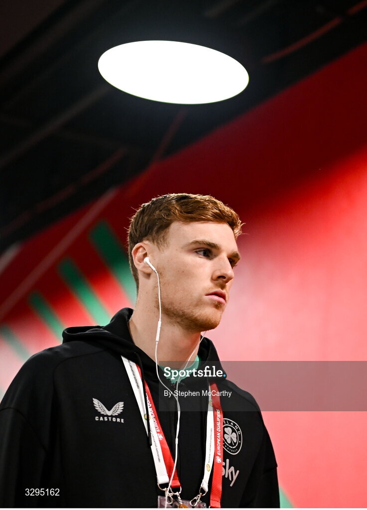 16 November 2025; Jake O'Brien of Republic of Ireland arrives for the FIFA World Cup 2026 Group F Qualifier match between Hungary and Republic of Ireland at Puskás Aréna in Budapest, Hungary. Photo by Stephen McCarthy/Sportsfile