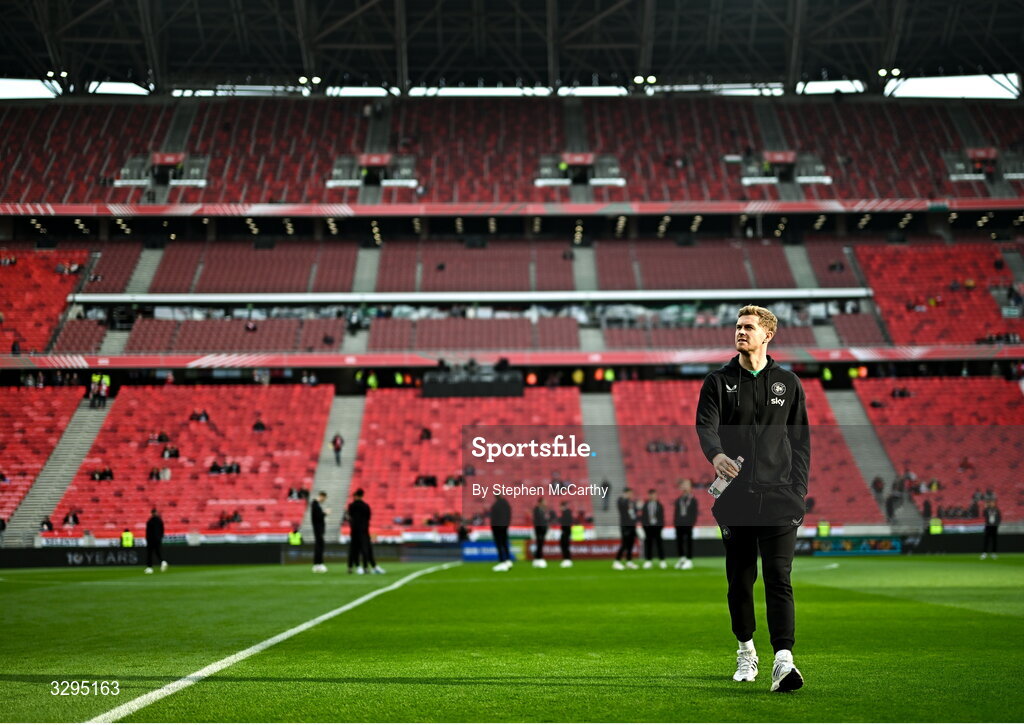 16 November 2025; Nathan Collins of Republic of Ireland before the FIFA World Cup 2026 Group F Qualifier match between Hungary and Republic of Ireland at Puskás Aréna in Budapest, Hungary. Photo by Stephen McCarthy/Sportsfile