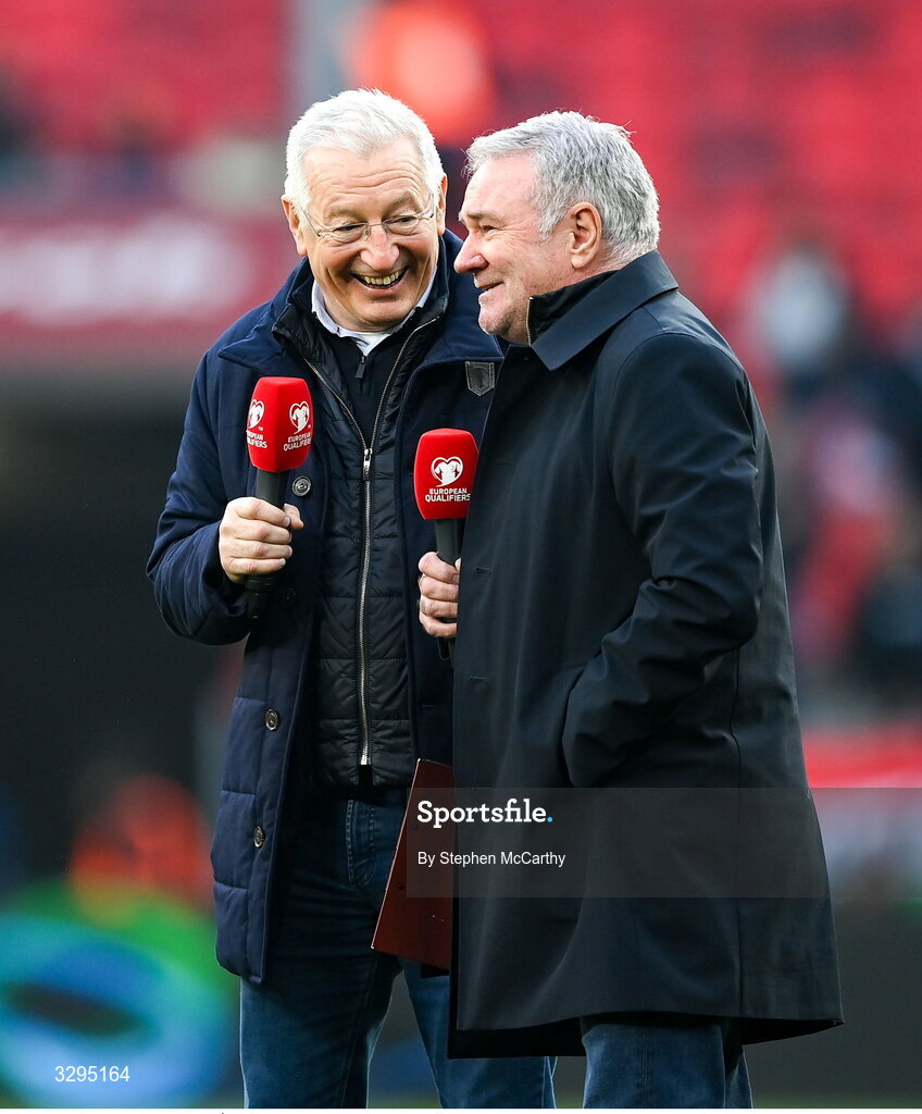 16 November 2025; RTÉ's Tony O'Donoghue and Ray Houghton, right, before the FIFA World Cup 2026 Group F Qualifier match between Hungary and Republic of Ireland at Puskás Aréna in Budapest, Hungary. Photo by Stephen McCarthy/Sportsfile