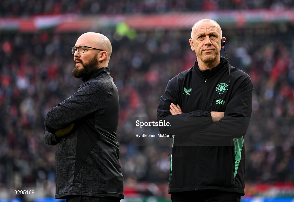 16 November 2025; Republic of Ireland osteopath Tony McCarthy and kit and equipment manager Karl McKenna, left, before the FIFA World Cup 2026 Group F Qualifier match between Hungary and Republic of Ireland at Puskás Aréna in Budapest, Hungary. Photo by Stephen McCarthy/Sportsfile