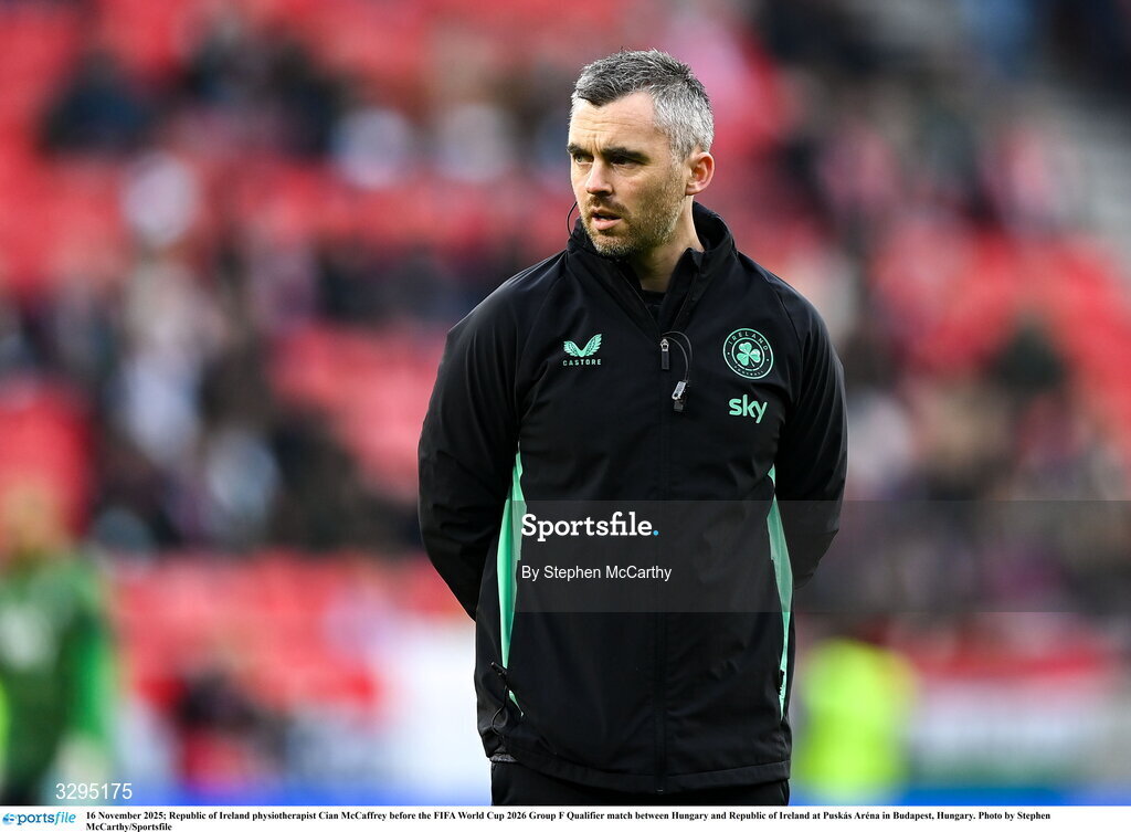 16 November 2025; Republic of Ireland physiotherapist Cian McCaffrey before the FIFA World Cup 2026 Group F Qualifier match between Hungary and Republic of Ireland at Puskás Aréna in Budapest, Hungary. Photo by Stephen McCarthy/Sportsfile