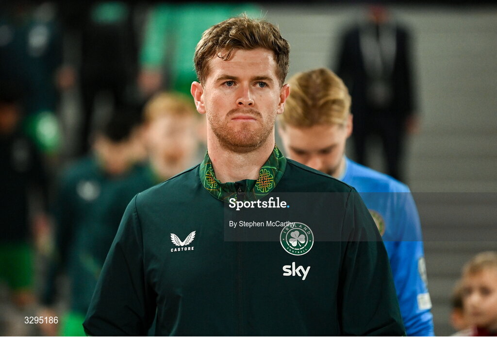 16 November 2025; Nathan Collins of Republic of Ireland before the FIFA World Cup 2026 Group F Qualifier match between Hungary and Republic of Ireland at Puskás Aréna in Budapest, Hungary. Photo by Stephen McCarthy/Sportsfile