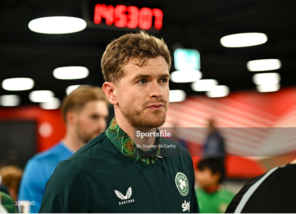 16 November 2025; Nathan Collins of Republic of Ireland before the FIFA World Cup 2026 Group F Qualifier match between Hungary and Republic of Ireland at Puskás Aréna in Budapest, Hungary. Photo by Stephen McCarthy/Sportsfile