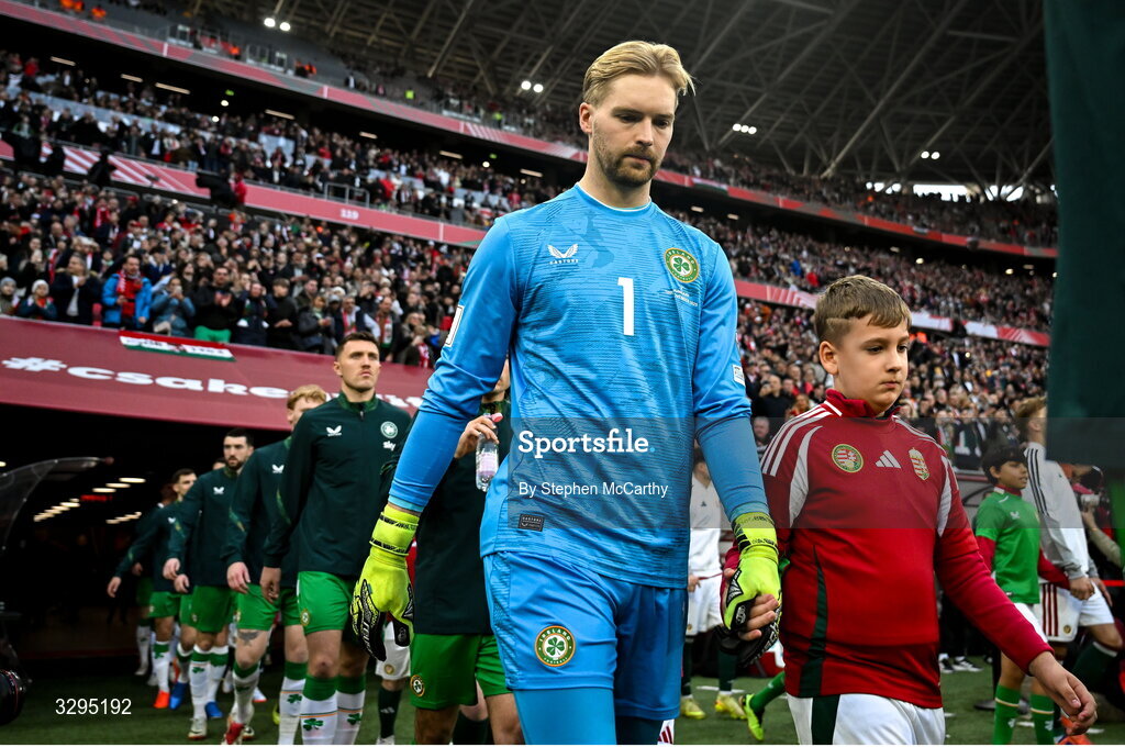 16 November 2025; Republic of Ireland goalkeeper Caoimhin Kelleher before the FIFA World Cup 2026 Group F Qualifier match between Hungary and Republic of Ireland at Puskás Aréna in Budapest, Hungary. Photo by Stephen McCarthy/Sportsfile