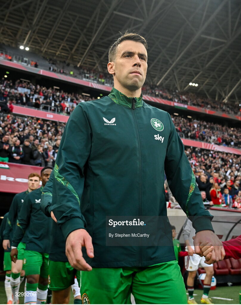 16 November 2025; Seamus Coleman of Republic of Ireland before the FIFA World Cup 2026 Group F Qualifier match between Hungary and Republic of Ireland at Puskás Aréna in Budapest, Hungary. Photo by Stephen McCarthy/Sportsfile