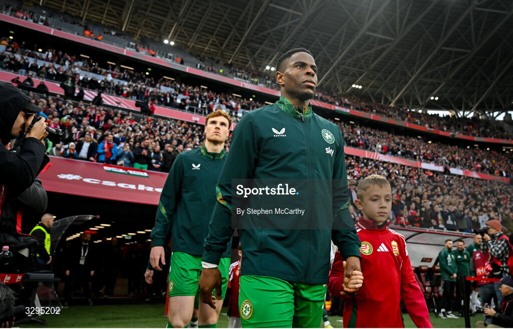 16 November 2025; Chiedozie Ogbene of Republic of Ireland before the FIFA World Cup 2026 Group F Qualifier match between Hungary and Republic of Ireland at Puskás Aréna in Budapest, Hungary. Photo by Stephen McCarthy/Sportsfile