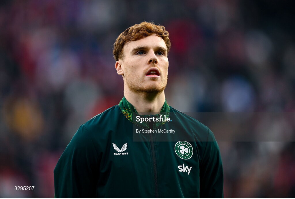 16 November 2025; Jake O'Brien of Republic of Ireland before the FIFA World Cup 2026 Group F Qualifier match between Hungary and Republic of Ireland at Puskás Aréna in Budapest, Hungary. Photo by Stephen McCarthy/Sportsfile