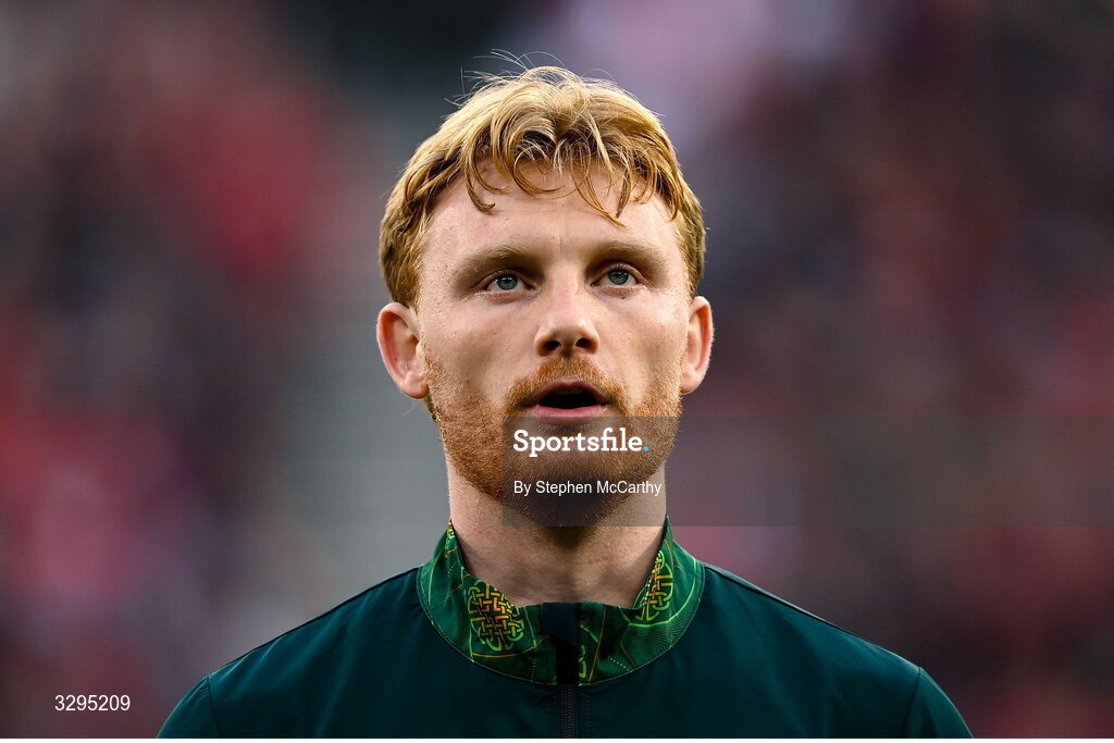16 November 2025; Liam Scales of Republic of Ireland before the FIFA World Cup 2026 Group F Qualifier match between Hungary and Republic of Ireland at Puskás Aréna in Budapest, Hungary. Photo by Stephen McCarthy/Sportsfile