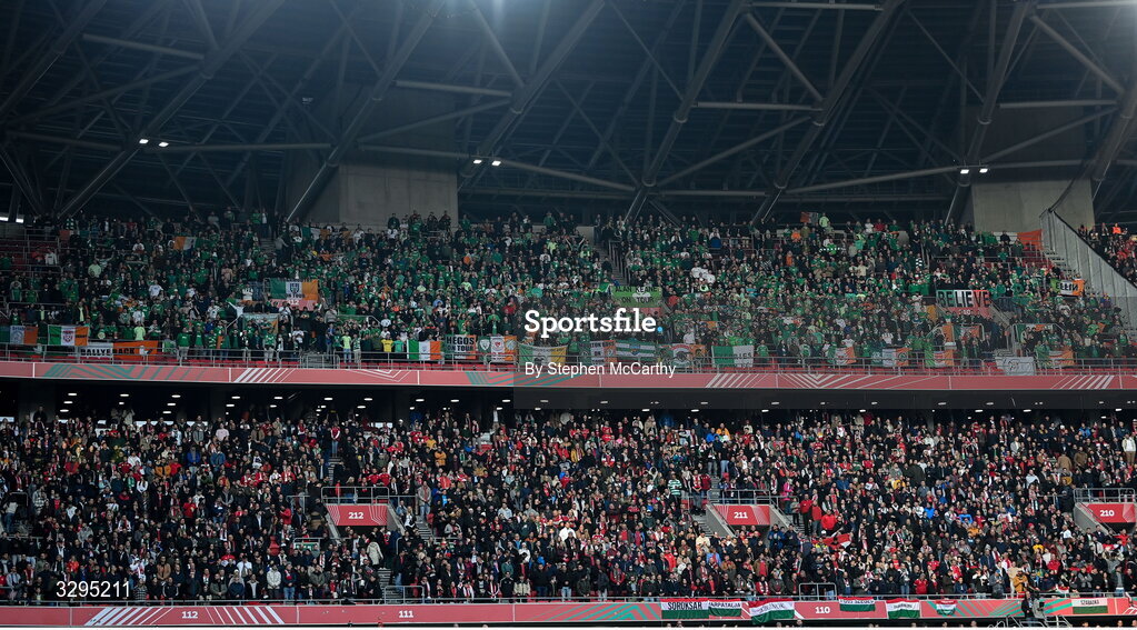 16 November 2025; Republic of Ireland supporters before the FIFA World Cup 2026 Group F Qualifier match between Hungary and Republic of Ireland at Puskás Aréna in Budapest, Hungary. Photo by Stephen McCarthy/Sportsfile