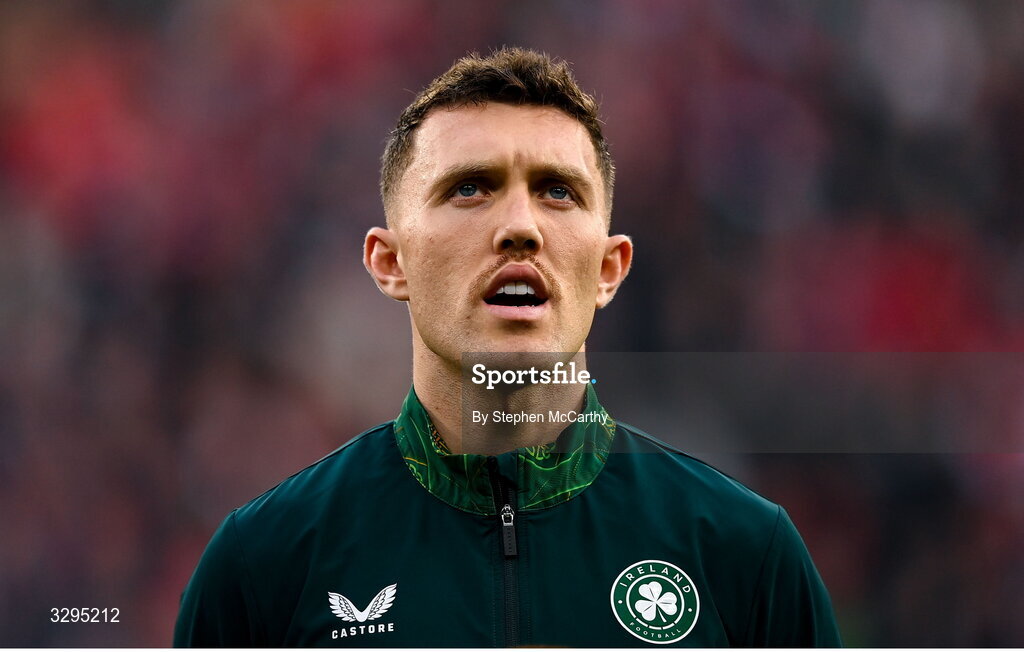 16 November 2025; Dara O'Shea of Republic of Ireland before the FIFA World Cup 2026 Group F Qualifier match between Hungary and Republic of Ireland at Puskás Aréna in Budapest, Hungary. Photo by Stephen McCarthy/Sportsfile