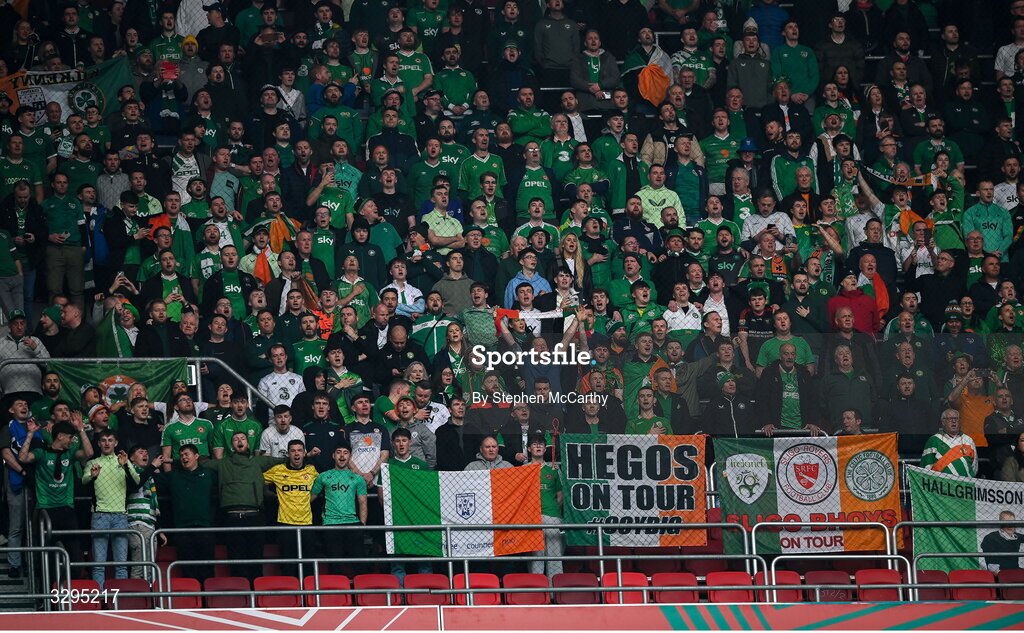 16 November 2025; Republic of Ireland supporters before the FIFA World Cup 2026 Group F Qualifier match between Hungary and Republic of Ireland at Puskás Aréna in Budapest, Hungary. Photo by Stephen McCarthy/Sportsfile