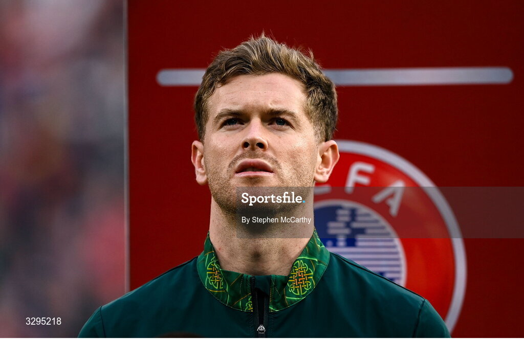 16 November 2025; Nathan Collins of Republic of Ireland before the FIFA World Cup 2026 Group F Qualifier match between Hungary and Republic of Ireland at Puskás Aréna in Budapest, Hungary. Photo by Stephen McCarthy/Sportsfile