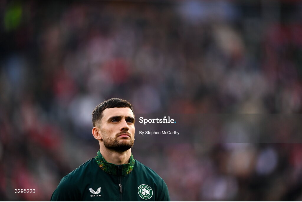 16 November 2025; Troy Parrott of Republic of Ireland before the FIFA World Cup 2026 Group F Qualifier match between Hungary and Republic of Ireland at Puskás Aréna in Budapest, Hungary. Photo by Stephen McCarthy/Sportsfile