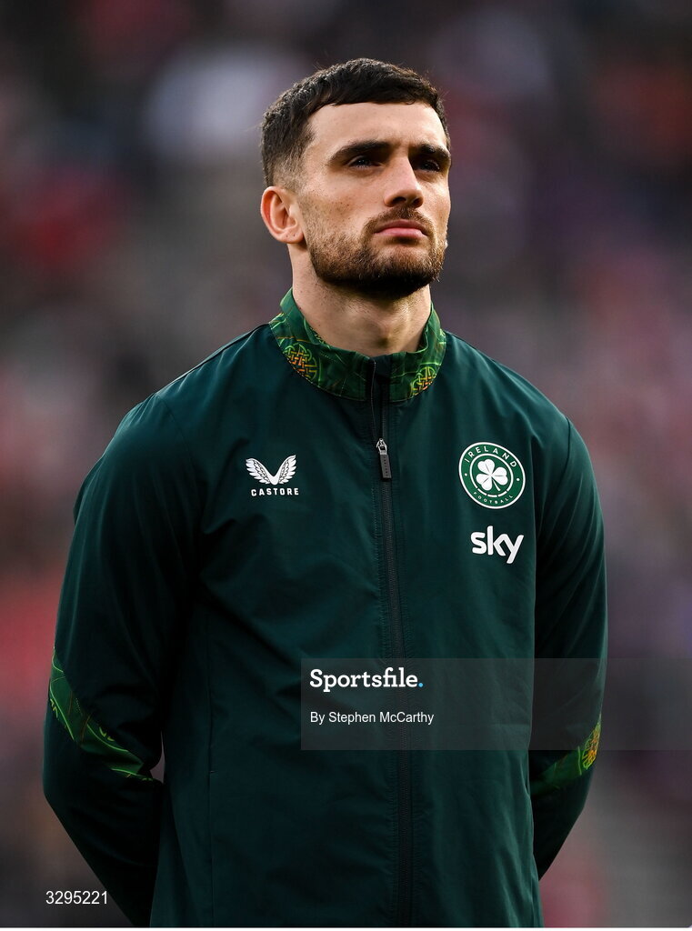 16 November 2025; Troy Parrott of Republic of Ireland before the FIFA World Cup 2026 Group F Qualifier match between Hungary and Republic of Ireland at Puskás Aréna in Budapest, Hungary. Photo by Stephen McCarthy/Sportsfile