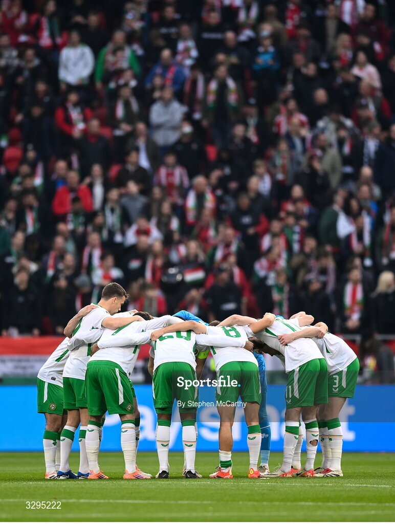 16 November 2025; Republic of Ireland players huddle before the FIFA World Cup 2026 Group F Qualifier match between Hungary and Republic of Ireland at Puskás Aréna in Budapest, Hungary. Photo by Stephen McCarthy/Sportsfile