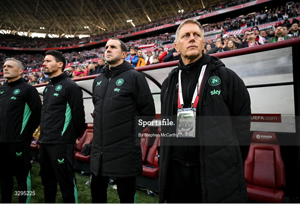 16 November 2025; Republic of Ireland head coach Heimir Hallgrimsson, right, with coaches, from right, assistant head coach John O'Shea, assistant coach Paddy McCarthy and goalkeeping coach Gudmundur Hreidarsson before the FIFA World Cup 2026 Group F Qualifier match between Hungary and Republic of Ireland at Puskás Aréna in Budapest, Hungary. Photo by Stephen McCarthy/Sportsfile