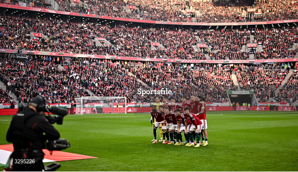 16 November 2025; Hungary players pose for a team photograph before the FIFA World Cup 2026 Group F Qualifier match between Hungary and Republic of Ireland at Puskás Aréna in Budapest, Hungary. Photo by Stephen McCarthy/Sportsfile