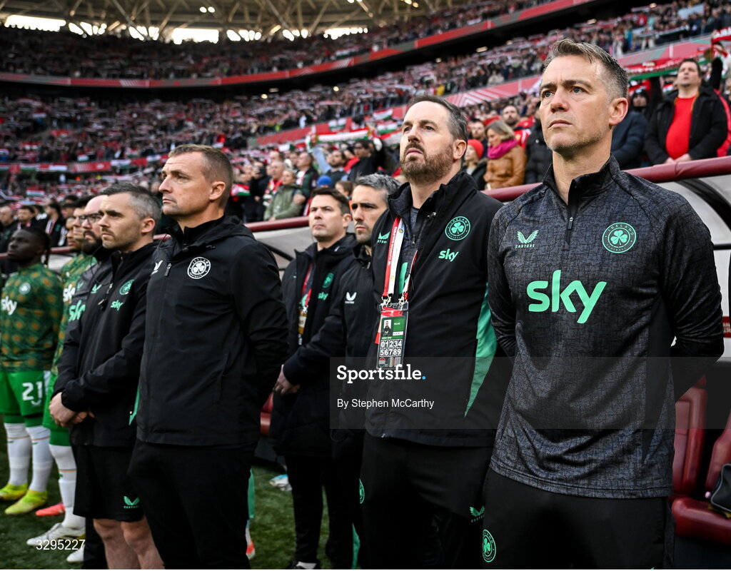 16 November 2025; Republic of Ireland staff, from right, head of athletic performance Damien Doyle, analyst Ger Dunne, team doctor Sean Carmody, orthopaedic surgeon Professor Joseph Butler, lead physiotherapist Danny Miller and physiotherapist Cian McCaffrey before the FIFA World Cup 2026 Group F Qualifier match between Hungary and Republic of Ireland at Puskás Aréna in Budapest, Hungary. Photo by Stephen McCarthy/Sportsfile