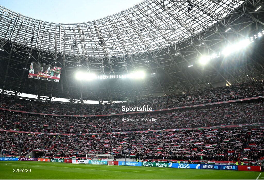 16 November 2025; Hungary supporters before the FIFA World Cup 2026 Group F Qualifier match between Hungary and Republic of Ireland at Puskás Aréna in Budapest, Hungary. Photo by Stephen McCarthy/Sportsfile