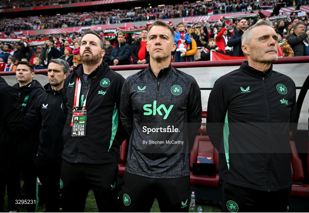 16 November 2025; Republic of Ireland staff, from left, orthopaedic surgeon Professor Joseph Butler, team doctor Sean Carmody, analyst Ger Dunne, head of athletic performance Damien Doyle and goalkeeping coach Gudmundur Hreidarsson before the FIFA World Cup 2026 Group F Qualifier match between Hungary and Republic of Ireland at Puskás Aréna in Budapest, Hungary. Photo by Stephen McCarthy/Sportsfile