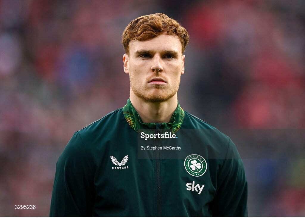 16 November 2025; Jake O'Brien of Republic of Ireland before the FIFA World Cup 2026 Group F Qualifier match between Hungary and Republic of Ireland at Puskás Aréna in Budapest, Hungary. Photo by Stephen McCarthy/Sportsfile