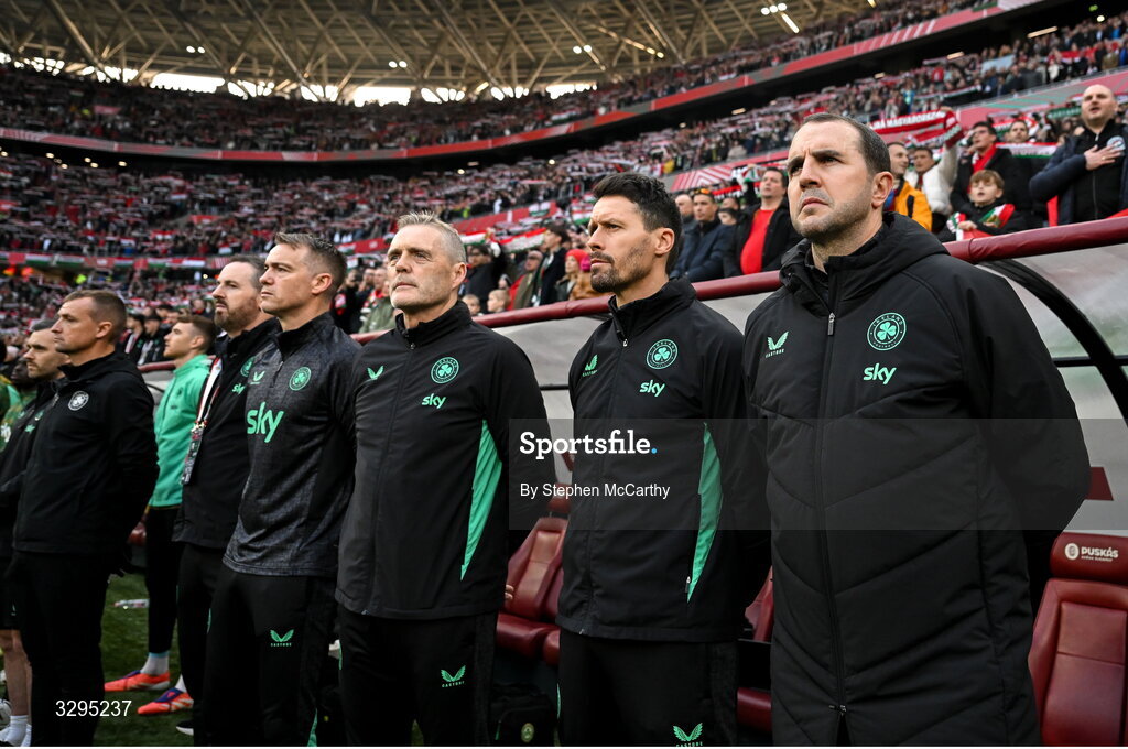 16 November 2025; Republic of Ireland staff, from right, assistant head coach John O'Shea, assistant coach Paddy McCarthy, goalkeeping coach Gudmundur Hreidarsson, head of athletic performance Damien Doyle, analyst Ger Dunne and lead physiotherapist Danny Miller before the FIFA World Cup 2026 Group F Qualifier match between Hungary and Republic of Ireland at Puskás Aréna in Budapest, Hungary. Photo by Stephen McCarthy/Sportsfile