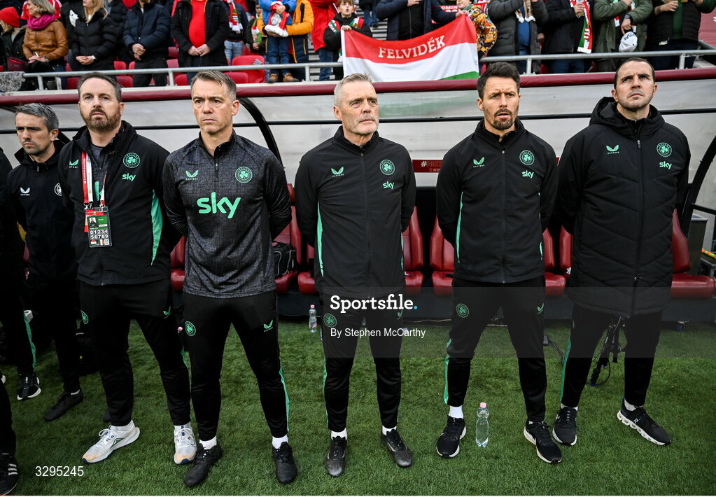 16 November 2025; Republic of Ireland staff, from left, analyst Ger Dunne, head of athletic performance Damien Doyle, goalkeeping coach Gudmundur Hreidarsson, assistant coach Paddy McCarthy and assistant head coach John O'Shea before the FIFA World Cup 2026 Group F Qualifier match between Hungary and Republic of Ireland at Puskás Aréna in Budapest, Hungary. Photo by Stephen McCarthy/Sportsfile