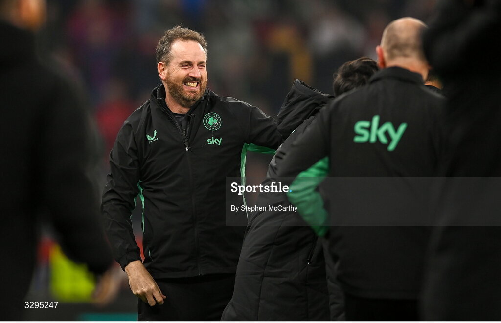 16 November 2025; Republic of Ireland analyst Ger Dunne celebrates after the FIFA World Cup 2026 Group F Qualifier match between Hungary and Republic of Ireland at Puskás Aréna in Budapest, Hungary. Photo by Stephen McCarthy/Sportsfile