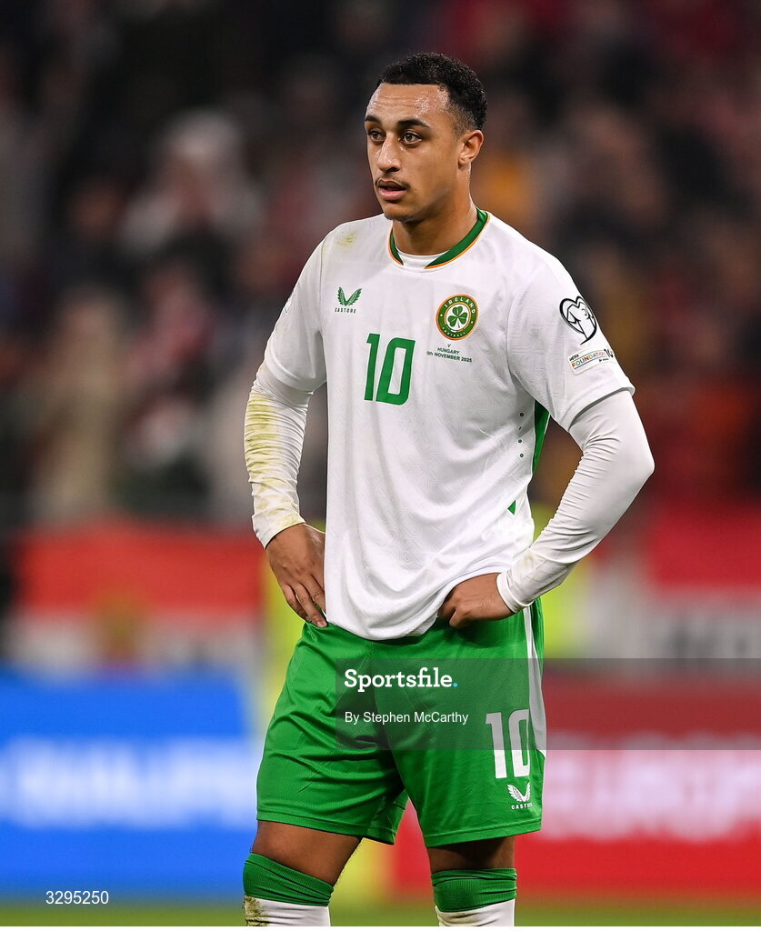 16 November 2025; Adam Idah of Republic of Ireland during the FIFA World Cup 2026 Group F Qualifier match between Hungary and Republic of Ireland at Puskás Aréna in Budapest, Hungary. Photo by Stephen McCarthy/Sportsfile