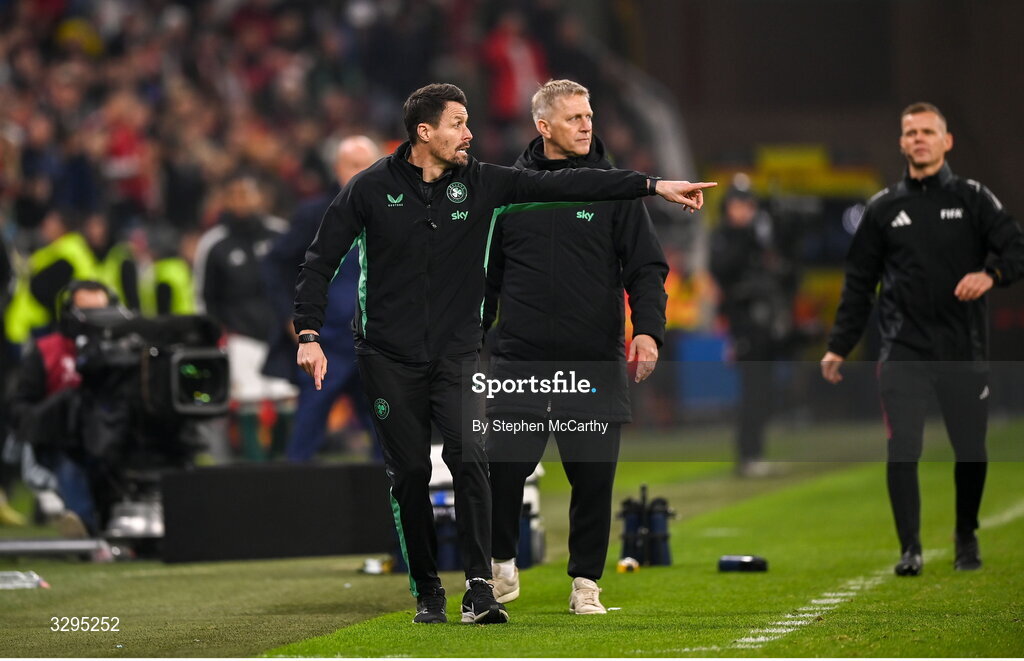 16 November 2025; Republic of Ireland assistant coach Paddy McCarthy and head coach Heimir Hallgrimsson, right, during the FIFA World Cup 2026 Group F Qualifier match between Hungary and Republic of Ireland at Puskás Aréna in Budapest, Hungary. Photo by Stephen McCarthy/Sportsfile