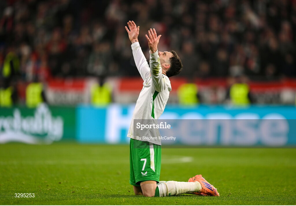 16 November 2025; Troy Parrott of Republic of Ireland celebrates after the FIFA World Cup 2026 Group F Qualifier match between Hungary and Republic of Ireland at Puskás Aréna in Budapest, Hungary. Photo by Stephen McCarthy/Sportsfile