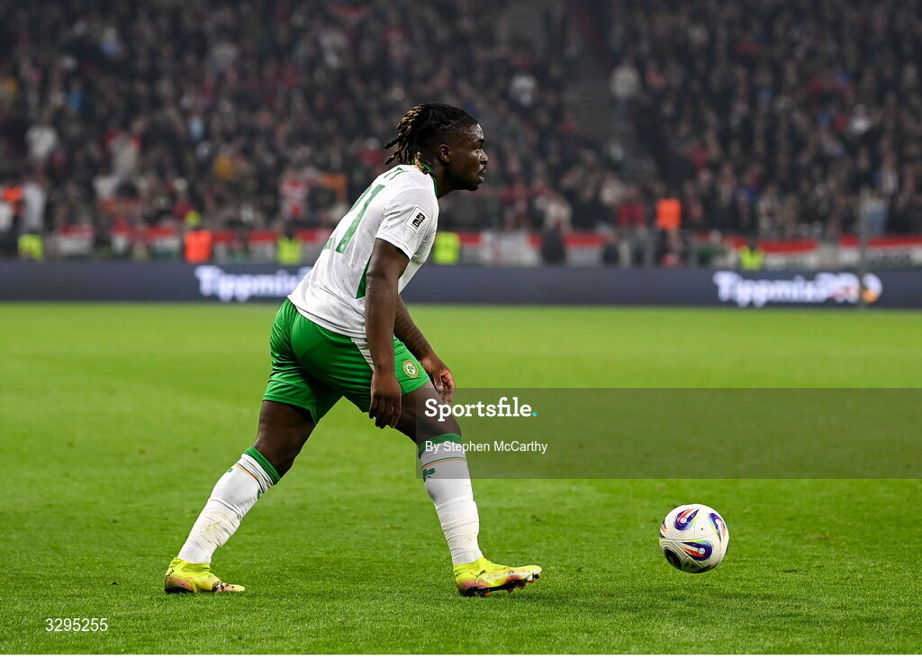 16 November 2025; Festy Ebosele of Republic of Ireland during the FIFA World Cup 2026 Group F Qualifier match between Hungary and Republic of Ireland at Puskás Aréna in Budapest, Hungary. Photo by Stephen McCarthy/Sportsfile